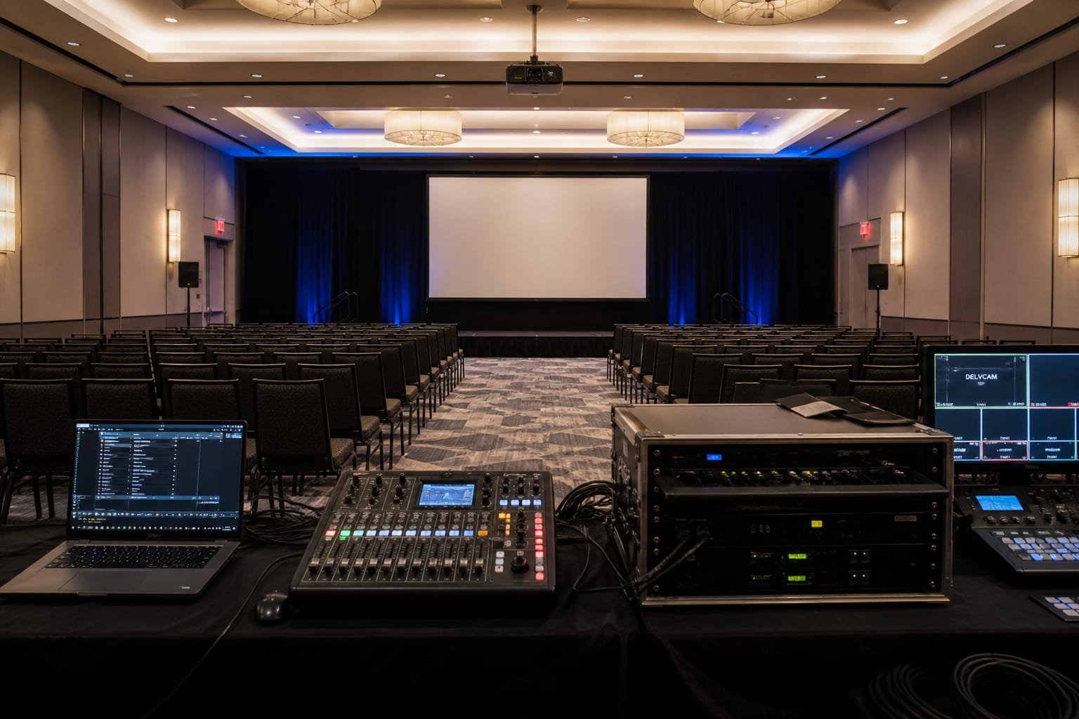 Estrutura audiovisual completa com tela, projetor e áudio montada para evento corporativo