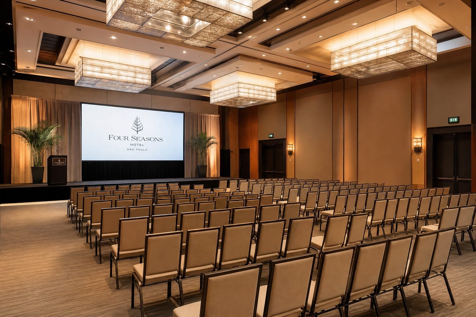 Salão de hotel com tela de projeção para evento