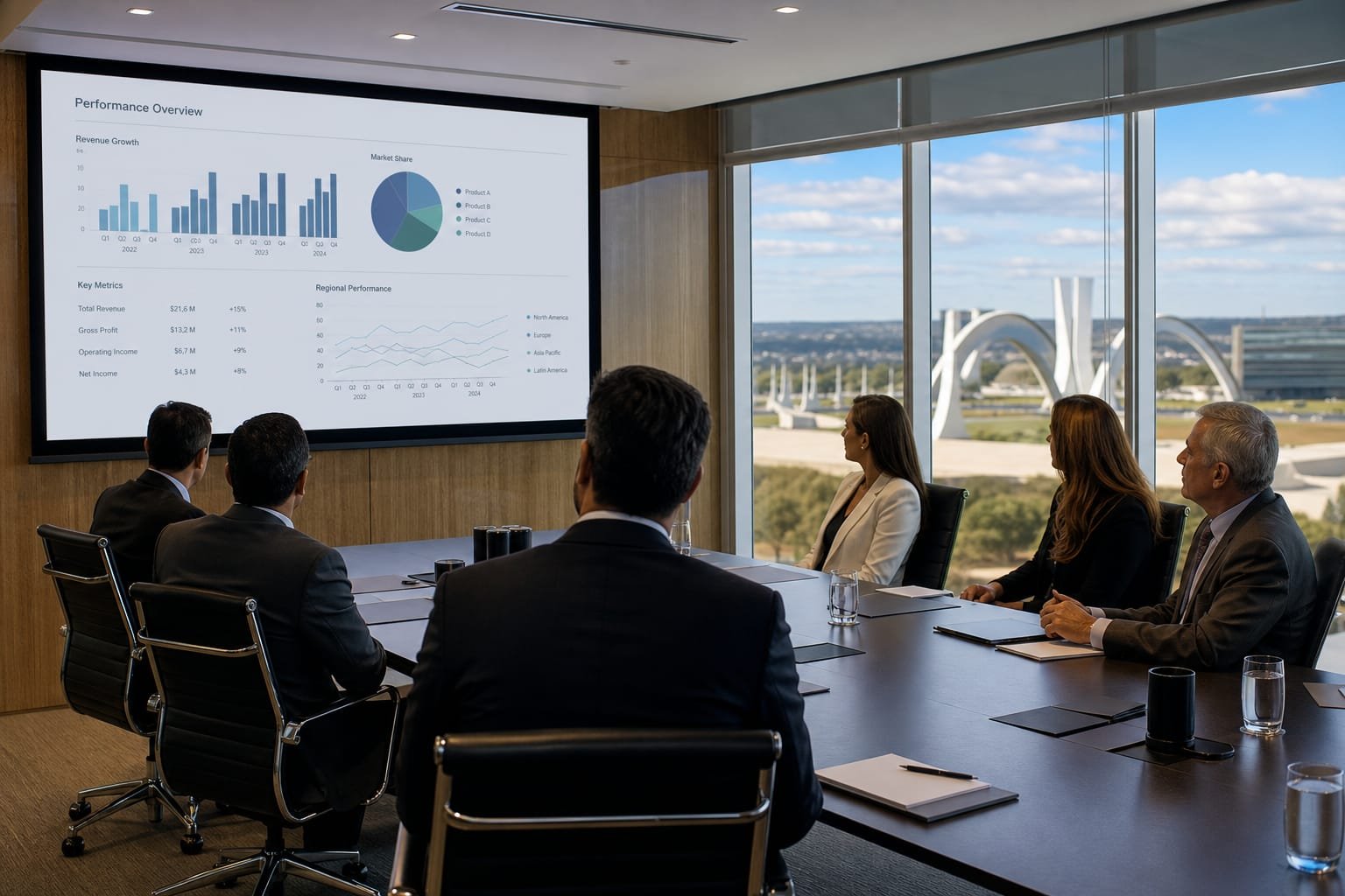 Reunião empresarial com tela de projeção