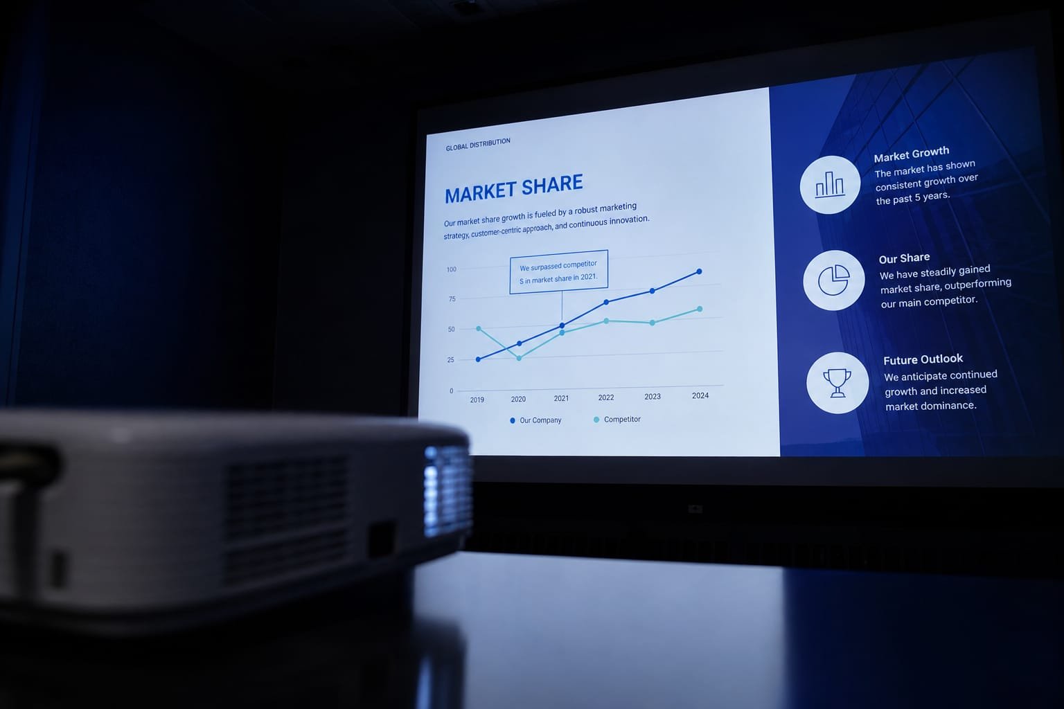 Projetor Full HD exibindo apresentação corporativa em tela de projeção