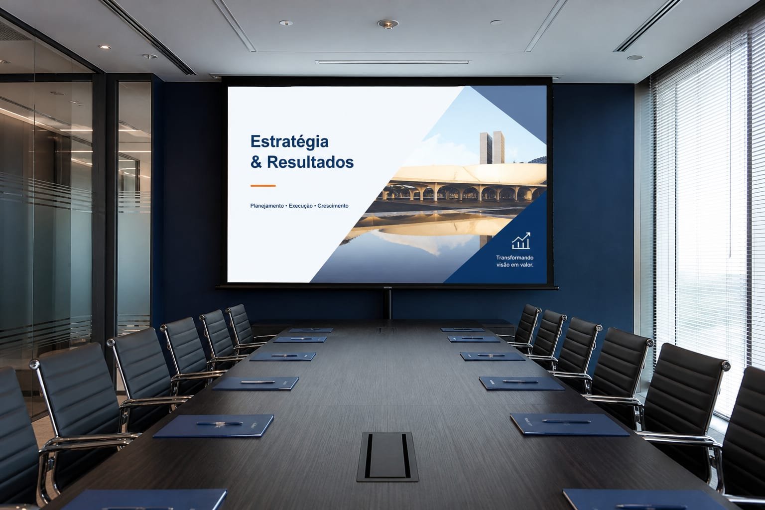 Tela de projeção 92 polegadas em sala de reunião corporativa em Brasília